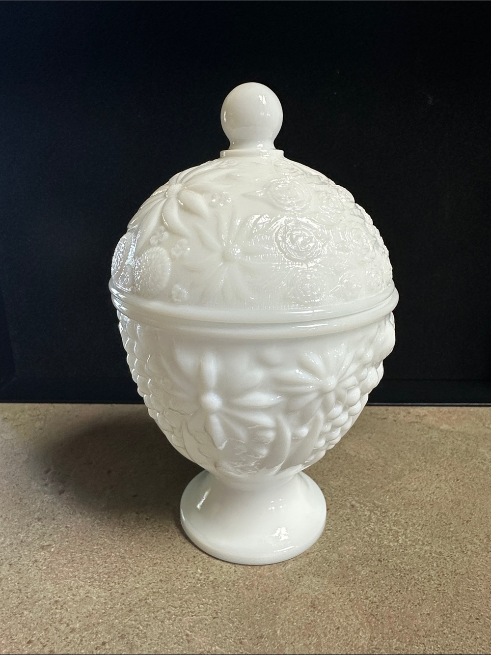 Vintage Avon White Embossed Milk Glass Covered Pedestal Candy Trinket Candle Jar